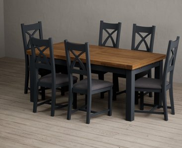 View Extending buxton 180cm oak and dark blue painted dining table with 10 light grey painted chairs View Extending buxton 180cm oak and dark blue painted dining table with 10 light grey painted chairs