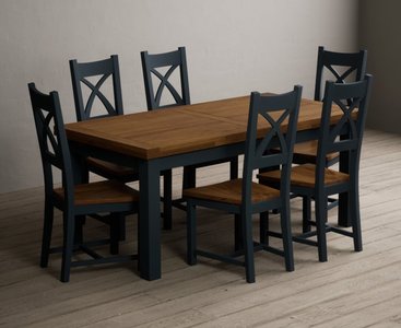 View Extending buxton 180cm oak and dark blue painted dining table with 6 rustic oak painted chairs View Extending buxton 180cm oak and dark blue painted dining table with 6 rustic oak painted chairs