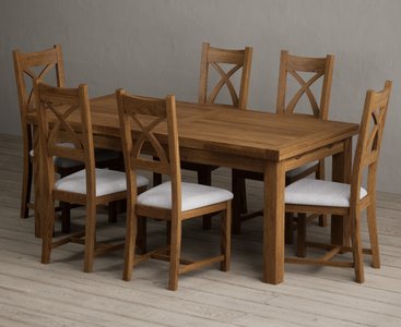 View Extending buxton 180cm rustic solid oak dining table with 6 light grey rustic solid oak chairs View Extending buxton 180cm rustic solid oak dining table with 6 light grey rustic solid oak chairs