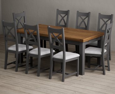 View Extending buxton 180cm oak and charcoal grey dining table with 8 light grey painted chairs View Extending buxton 180cm oak and charcoal grey dining table with 8 light grey painted chairs