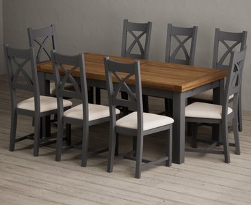 View Extending buxton 180cm oak and charcoal grey dining table with 8 linen painted chairs View Extending buxton 180cm oak and charcoal grey dining table with 8 linen painted chairs