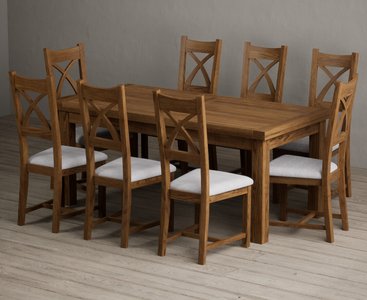 View Extending buxton 180cm rustic solid oak dining table with 8 light grey rustic solid oak chairs View Extending buxton 180cm rustic solid oak dining table with 8 light grey rustic solid oak chairs