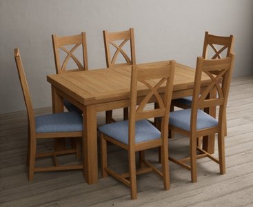 View Extending buxton 180cm solid oak dining table with 6 blue natural solid oak chairs View Extending buxton 180cm solid oak dining table with 6 blue natural solid oak chairs