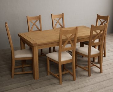 View Extending buxton 180cm solid oak dining table with 6 linen natural solid oak chairs View Extending buxton 180cm solid oak dining table with 6 linen natural solid oak chairs