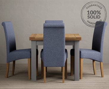 View Extending buxton 90cm oak and light grey dining table with 4 grey scroll back chairs View Extending buxton 90cm oak and light grey dining table with 4 grey scroll back chairs