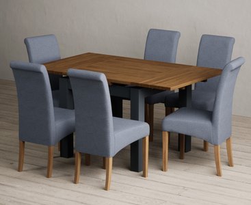 View Extending buxton 90cm oak and dark blue dining table with 6 blue scroll back chairs View Extending buxton 90cm oak and dark blue dining table with 6 blue scroll back chairs
