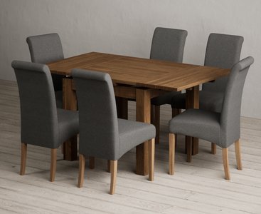 View Extending buxton 90cm rustic solid oak dining table with 6 charcoal grey scroll back chairs View Extending buxton 90cm rustic solid oak dining table with 6 charcoal grey scroll back chairs