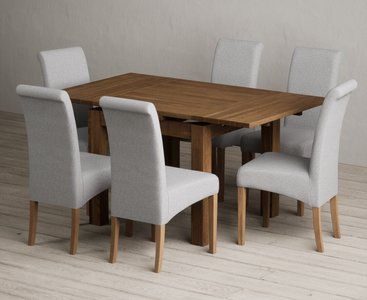 View Extending buxton 90cm rustic solid oak dining table with 6 grey scroll back chairs View Extending buxton 90cm rustic solid oak dining table with 6 grey scroll back chairs