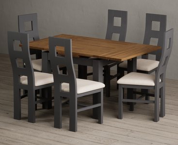 View Extending buxton 90cm oak and charcoal grey dining table with 6 linen painted chairs View Extending buxton 90cm oak and charcoal grey dining table with 6 linen painted chairs