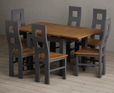 View Extending buxton 90cm oak and charcoal grey dining table with 6 rustic oak painted chairs View Extending buxton 90cm oak and charcoal grey dining table with 6 rustic oak painted chairs