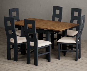 View Extending buxton 90cm oak and dark blue dining table with 6 linen painted chairs View Extending buxton 90cm oak and dark blue dining table with 6 linen painted chairs