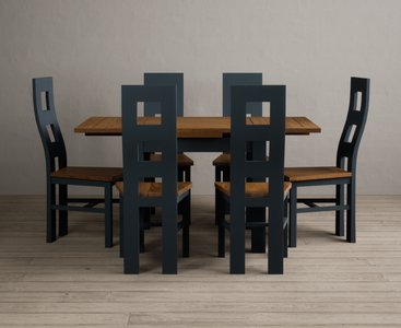 View Extending buxton 90cm oak and dark blue dining table with 6 rustic oak painted chairs View Extending buxton 90cm oak and dark blue dining table with 6 rustic oak painted chairs