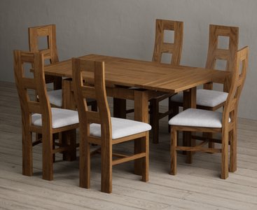 View Extending buxton 90cm rustic solid oak dining table with 6 light grey rustic solid oak chairs View Extending buxton 90cm rustic solid oak dining table with 6 light grey rustic solid oak chairs