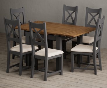 View Extending buxton 90cm oak and charcoal grey dining table with 6 linen painted chairs View Extending buxton 90cm oak and charcoal grey dining table with 6 linen painted chairs