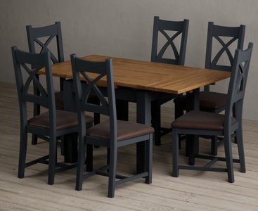 View Extending buxton 90cm oak and dark blue dining table with 6 brown painted chairs View Extending buxton 90cm oak and dark blue dining table with 6 brown painted chairs