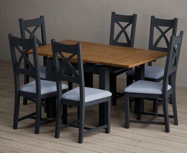 View Extending buxton 90cm oak and dark blue dining table with 6 blue painted chairs View Extending buxton 90cm oak and dark blue dining table with 6 blue painted chairs