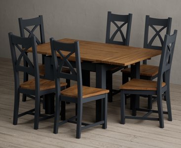 View Extending buxton 90cm oak and dark blue dining table with 6 rustic oak painted chairs View Extending buxton 90cm oak and dark blue dining table with 6 rustic oak painted chairs
