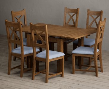 View Extending buxton 90cm rustic solid oak dining table with 6 blue rustic solid oak chairs View Extending buxton 90cm rustic solid oak dining table with 6 blue rustic solid oak chairs