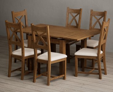 View Extending buxton 90cm rustic solid oak dining table with 6 linen rustic solid oak chairs View Extending buxton 90cm rustic solid oak dining table with 6 linen rustic solid oak chairs