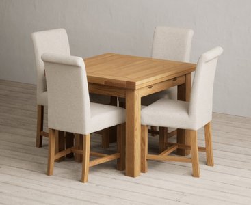 View Extending buxton 90cm solid oak dining table with 4 blue braced chairs View Extending buxton 90cm solid oak dining table with 4 blue braced chairs