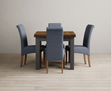View Extending buxton 90cm oak and charcoal grey dining table with 4 blue scroll back chairs View Extending buxton 90cm oak and charcoal grey dining table with 4 blue scroll back chairs