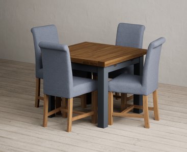 View Extending buxton 90cm oak and dark blue dining table with 4 blue braced chairs View Extending buxton 90cm oak and dark blue dining table with 4 blue braced chairs