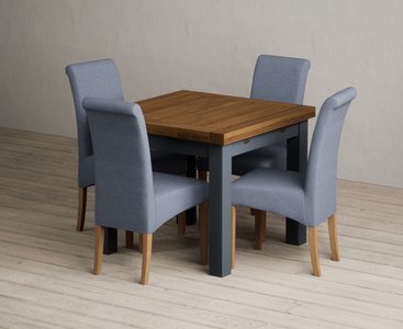 View Extending buxton 90cm oak and dark blue dining table with 4 blue scroll back chairs View Extending buxton 90cm oak and dark blue dining table with 4 blue scroll back chairs