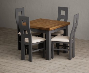 View Extending buxton 90cm oak and charcoal grey dining table with 4 linen painted chairs View Extending buxton 90cm oak and charcoal grey dining table with 4 linen painted chairs
