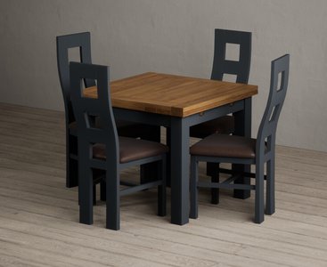 View Extending buxton 90cm oak and dark blue dining table with 4 brown painted chairs View Extending buxton 90cm oak and dark blue dining table with 4 brown painted chairs