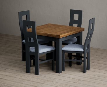View Extending buxton 90cm oak and dark blue dining table with 4 blue painted chairs View Extending buxton 90cm oak and dark blue dining table with 4 blue painted chairs