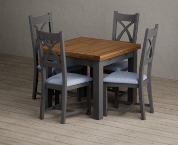 View Extending buxton 90cm oak and charcoal grey dining table with 4 blue painted chairs View Extending buxton 90cm oak and charcoal grey dining table with 4 blue painted chairs