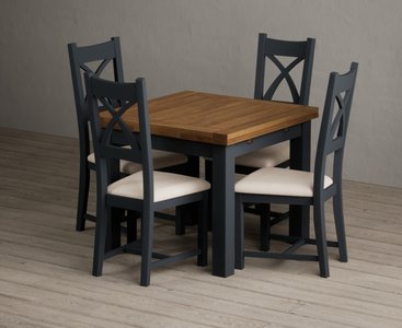 View Extending buxton 90cm oak and dark blue dining table with 4 linen painted chairs View Extending buxton 90cm oak and dark blue dining table with 4 linen painted chairs