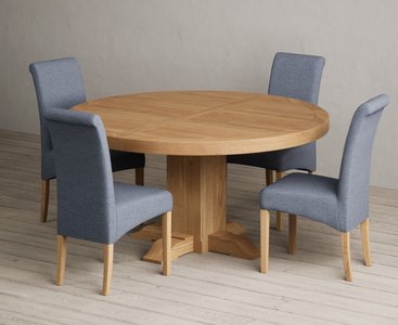 Photo of helmsley 150cm round oak dining table with 6 grey scroll back chairs