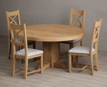View Helmsley 150cm solid oak round pedestal dining table with 4 light grey natural solid oak chairs View Helmsley 150cm solid oak round pedestal dining table with 4 light grey natural solid oak chairs