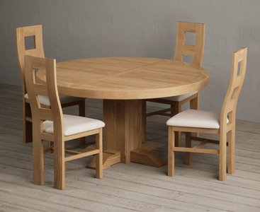 View Helmsley 150cm solid oak round pedestal dining table with 4 linen natural chairs View Helmsley 150cm solid oak round pedestal dining table with 4 linen natural chairs