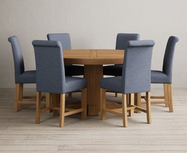 View Helmsley 150cm solid oak round pedestal dining table with 6 blue braced chairs View Helmsley 150cm solid oak round pedestal dining table with 6 blue braced chairs