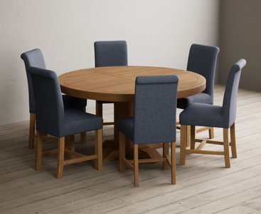 View Helmsley 150cm solid oak round pedestal dining table with 8 blue braced chairs View Helmsley 150cm solid oak round pedestal dining table with 8 blue braced chairs