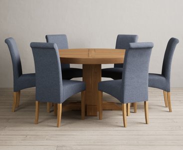 View Helmsley 150cm solid oak round pedestal dining table with 6 blue scroll back chairs View Helmsley 150cm solid oak round pedestal dining table with 6 blue scroll back chairs