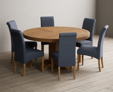View Helmsley 150cm solid oak round pedestal dining table with 8 blue scroll back chairs View Helmsley 150cm solid oak round pedestal dining table with 8 blue scroll back chairs