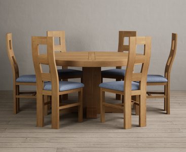 View Helmsley 150cm solid oak round pedestal dining table with 6 blue natural chairs View Helmsley 150cm solid oak round pedestal dining table with 6 blue natural chairs