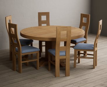 View Helmsley 150cm solid oak round pedestal dining table with 8 blue natural chairs View Helmsley 150cm solid oak round pedestal dining table with 8 blue natural chairs