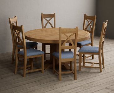 View Helmsley 150cm solid oak round pedestal dining table with 8 blue natural solid oak chairs View Helmsley 150cm solid oak round pedestal dining table with 8 blue natural solid oak chairs