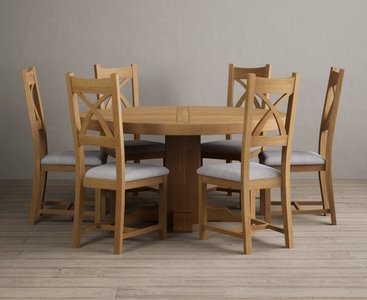 View Helmsley 150cm solid oak round pedestal dining table with 6 light grey natural solid oak chairs View Helmsley 150cm solid oak round pedestal dining table with 6 light grey natural solid oak chairs