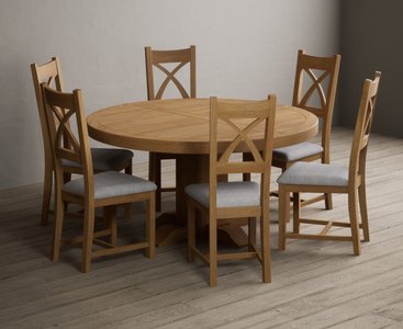 View Helmsley 150cm solid oak round pedestal dining table with 8 light grey natural solid oak chairs View Helmsley 150cm solid oak round pedestal dining table with 8 light grey natural solid oak chairs