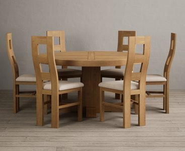 View Helmsley 150cm solid oak round pedestal dining table with 6 linen natural chairs View Helmsley 150cm solid oak round pedestal dining table with 6 linen natural chairs