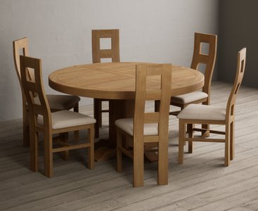 View Helmsley 150cm solid oak round pedestal dining table with 8 linen natural chairs View Helmsley 150cm solid oak round pedestal dining table with 8 linen natural chairs