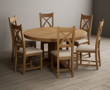 View Helmsley 150cm solid oak round pedestal dining table with 8 linen natural solid oak chairs View Helmsley 150cm solid oak round pedestal dining table with 8 linen natural solid oak chairs