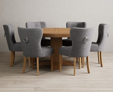 View Helmsley 150cm round oak dining table with 6 grey keswick chairs View Helmsley 150cm round oak dining table with 6 grey keswick chairs