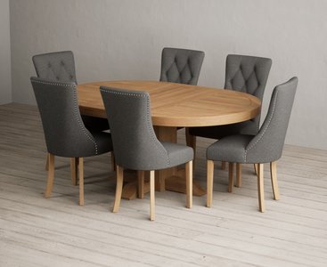 View Extending helmsley solid oak pedestal dining table with 6 grey beatrix chairs View Extending helmsley solid oak pedestal dining table with 6 grey beatrix chairs
