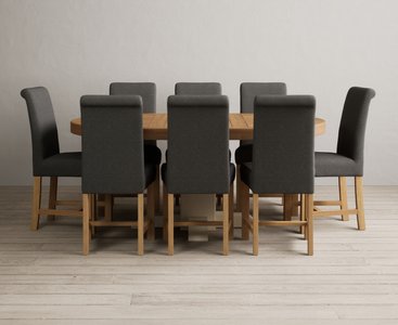 View Extending helmsley oak and cream painted pedestal dining table with 8 charcoal grey braced chairs View Extending helmsley oak and cream painted pedestal dining table with 8 charcoal grey braced chairs